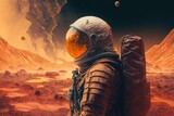 An astronaut in a space suit is alone on the surface of a red planet, Generative AI