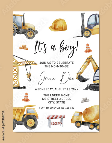 Baby Shower with Construction theme watercolor invitation card background template for baby and kids birth celebration