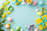 Easter concept. Top view photo of yellow gift boxes with blue bows bowl with easter eggs mimosa flowers chicken and baking molds on isolated pastel blue background with copyspace in the middle