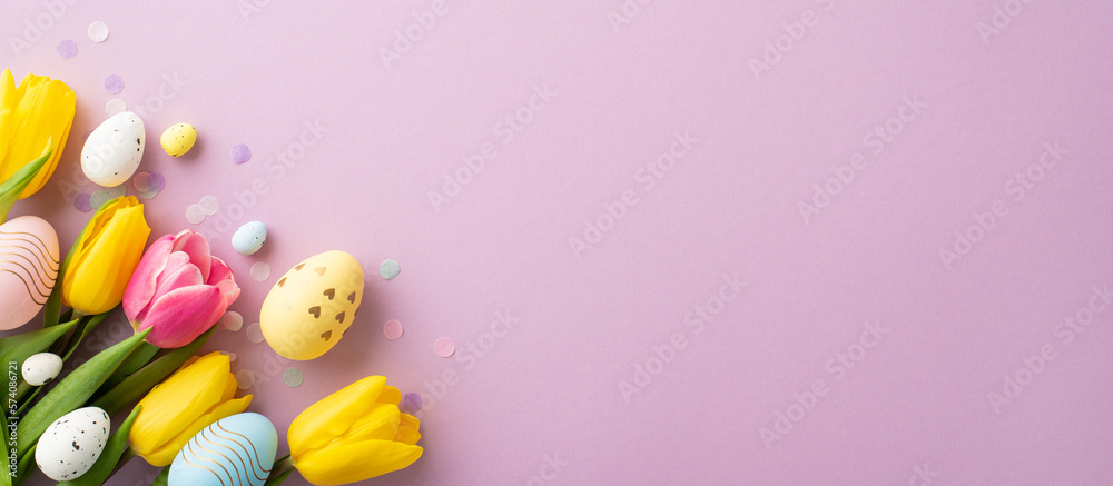 Easter decorations concept. Top view photo of bouquet of yellow and pink tulips colorful easter eggs and confetti on isolated lilac background with empty space