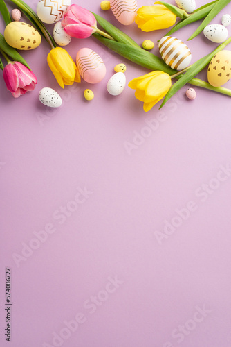 Easter decor concept. Top view vertical photo of spring flowers yellow pink tulips and colorful easter eggs on isolated pastel purple background with copyspace