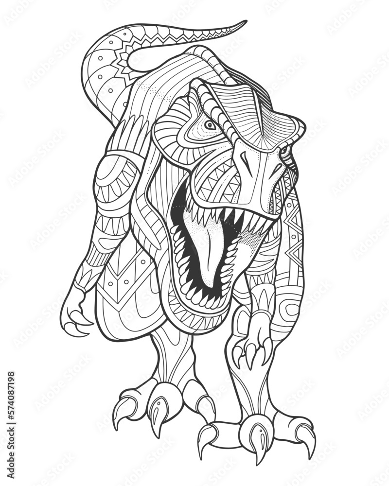 Fototapeta premium Tyrannosaur rex. Ancient reptile. Ornamental design. Page of coloring book. Vector illustration.