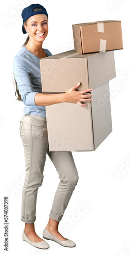 Woman moving into new house isolated on white