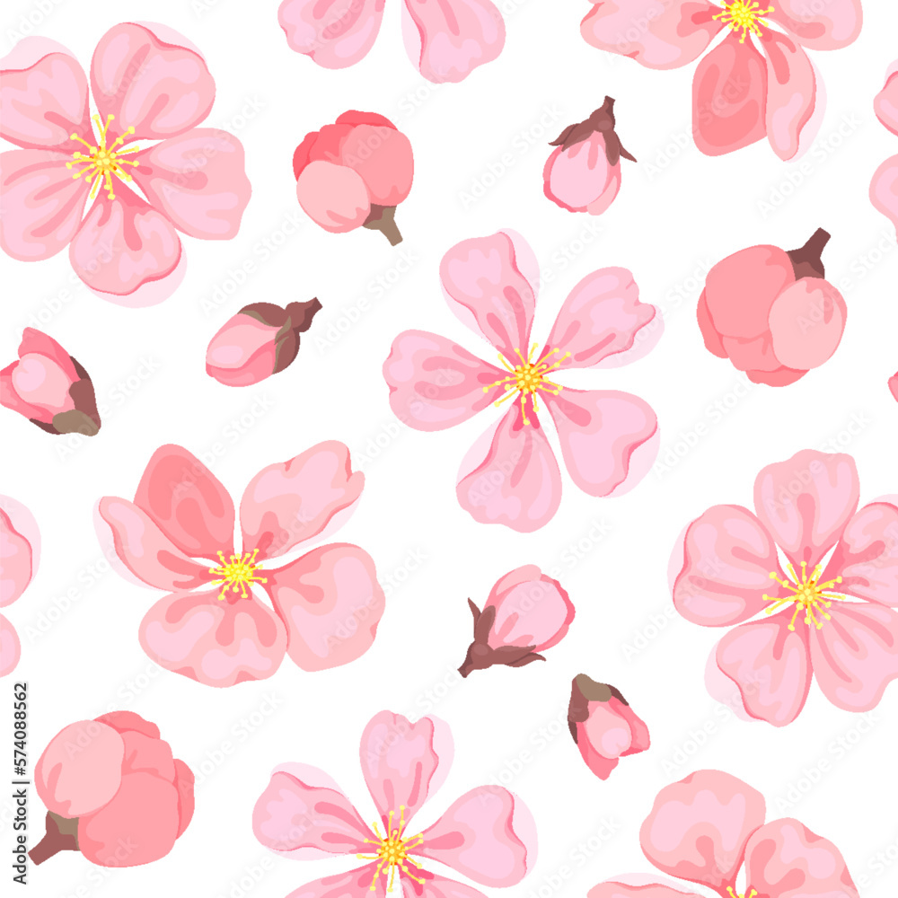 Cherry sakura blossom seamless pattern pink flat. Spring bud japanese chinese wrap paper texture print fabric design tableware furniture wallpaper backdrop gift print sticker tropical garden romantic Cherry sakura blossom seamless pattern pink flat. Spring bud japanese chinese wrap paper texture print fabric design tableware furniture wallpaper backdrop gift print sticker tropical garden romantic