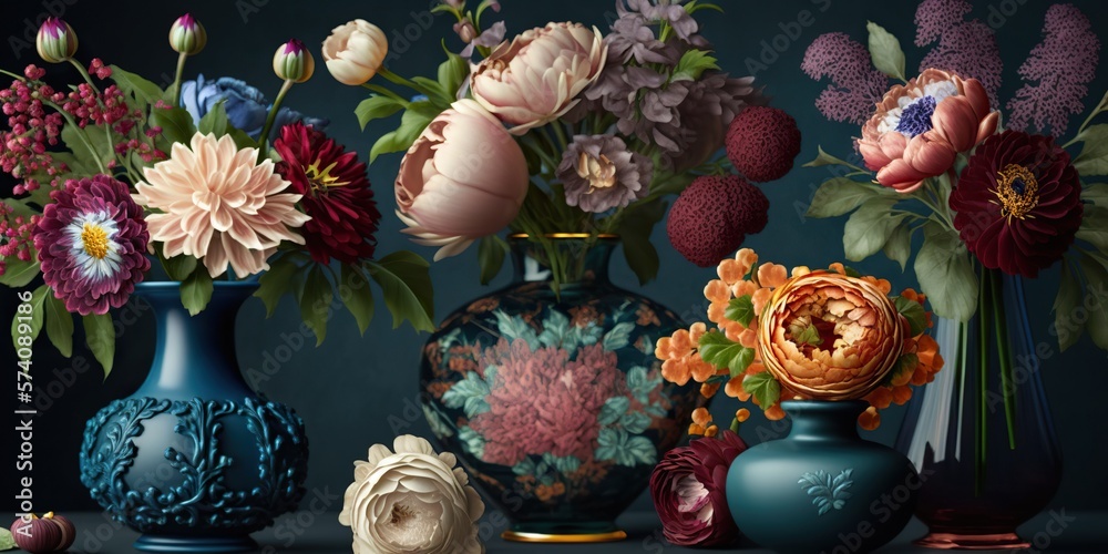 arrangement of different types of flowers in vases with a focus on vivid colors and petal arrangements, concept of Variety, created with Generative AI technology