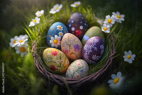 Spring Multicolor flower-designed Easter Eggs in a beautiful natural Basket on a Background of Green Grass. Generative AI