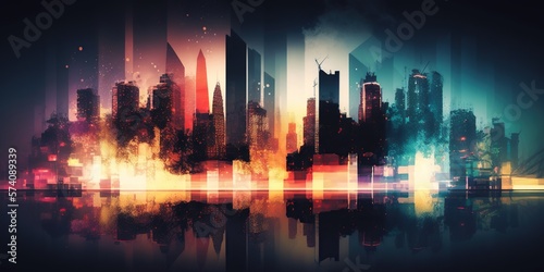 Cityscape with double exposure effect combining the colorful lights of city with abstract shapes and patterns  concept of Double Exposure and Urban Landscape  created with Generative AI technology