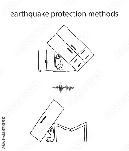 Editable stroke set of earthquake. Natural disaster, destruction, earthquake safety and emergency methods. 