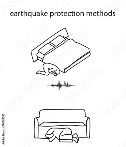 Editable stroke set of earthquake. Natural disaster, destruction, earthquake safety and emergency methods. 