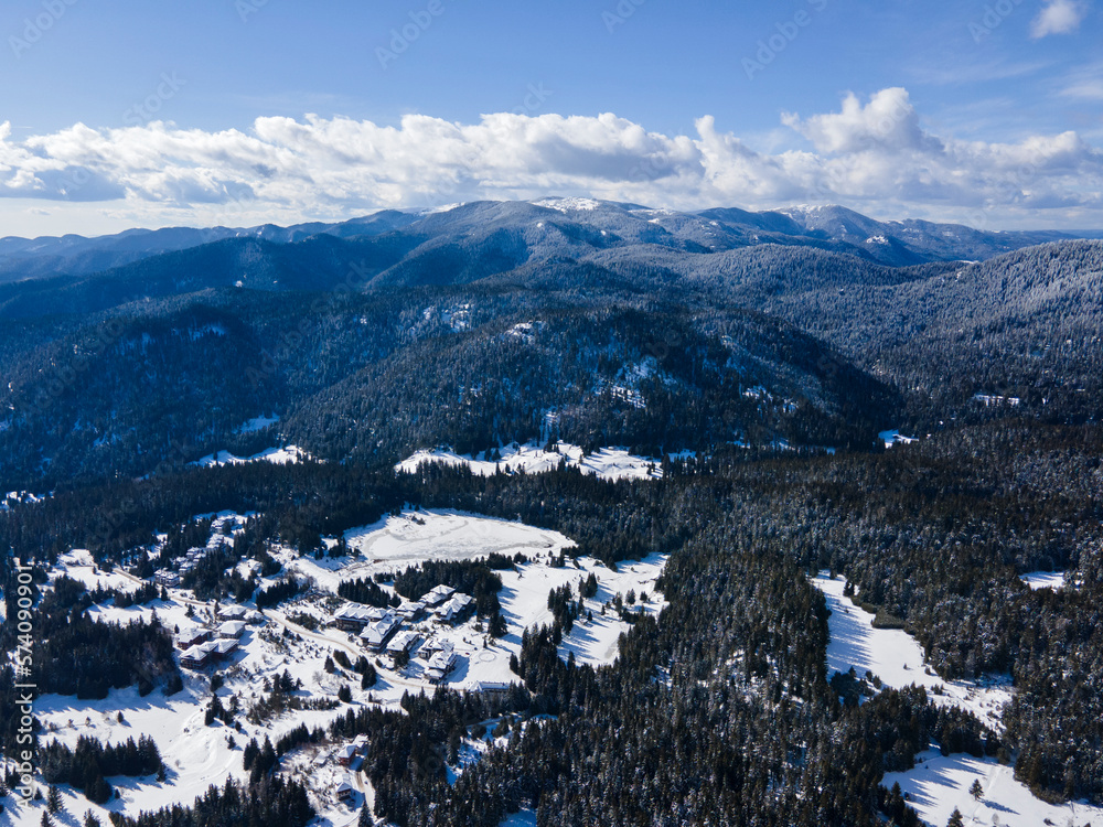 Aerial winter view of Rhodope Mountains around Pamporovo, Bulgaria