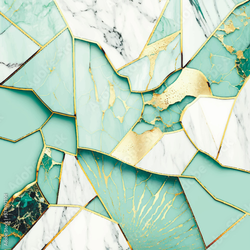 Light green malachite marble mosaic. 3d abstract marbled background, malachite brocken stone texture, granite, jasper. Ornamental marble tile with golden veins. Art deco wallpaper. Modern texture