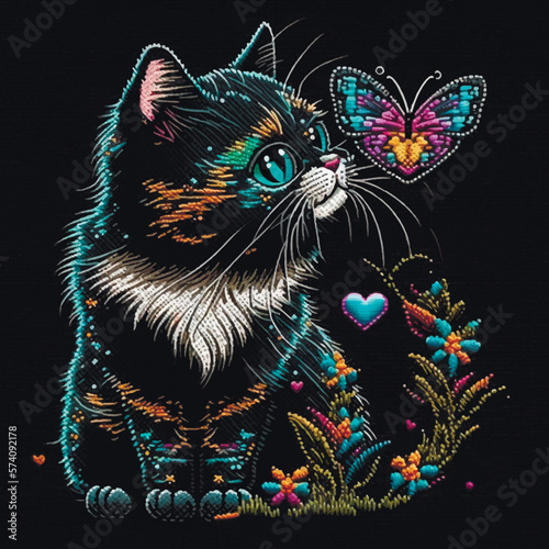 Colorful embroidery textured cat with love heart and butterfly. Bright tapestry kitten with blue eyes. Embroidered vector background illustration. Beautiful modern decorative pet pattern for design © Naila Zeynalova