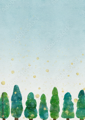 杉の木から花粉が飛んでる水彩画の風景イラスト