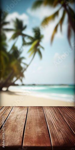 Empty wooden table top product display showcase stage with tropical summer beach background. Generative ai