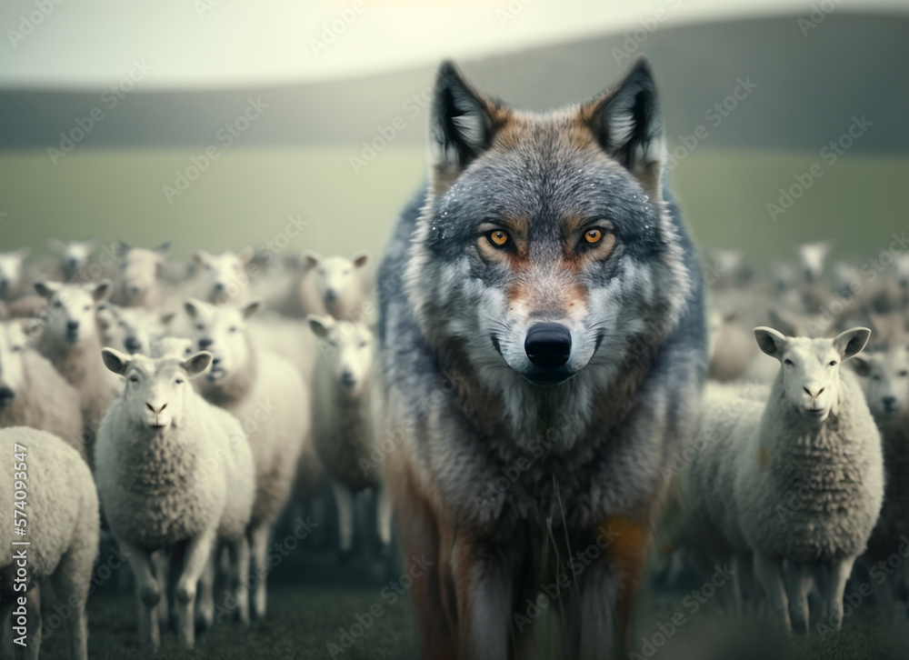 Closeup portrait of gray wolf amidst a flock of sheep. Livestock threatened by wolves. Generative AI.