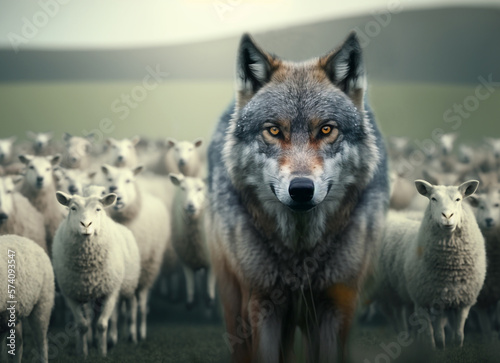 Foto Closeup portrait of gray wolf amidst a flock of sheep