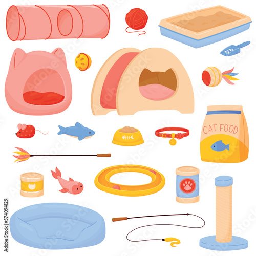 Set of accessories for cats. Pet shop equipment. Cartoon kitten stuff: toys, beds, litter tray