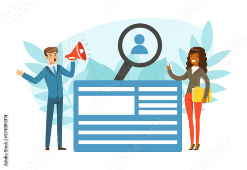 Business Man and Woman Character Working Searching Candidate for Vacant Position with Megaphone Vector Illustration