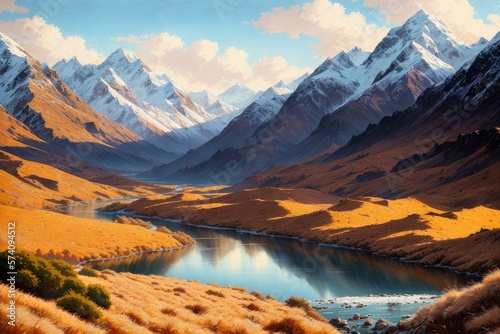 Beautiful landscape painting with snow capped mountains and a lake, inspired by New Zealand, Generative AI