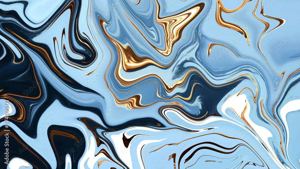 Fototapeta premium Liquid background in blue, cyan, gold colors. Abstract divorces. Acrylic paint streaks. liquid ink.