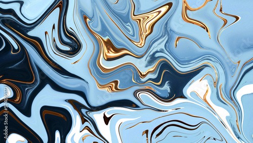 Liquid background in blue, cyan, gold colors.  Abstract divorces.  Acrylic paint streaks.  liquid ink.