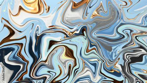 Liquid background in blue, cyan, gold colors.  Abstract divorces.  Acrylic paint streaks.  liquid ink.