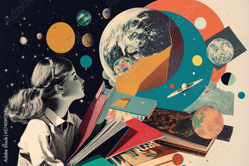 Knowledge and science books with planets artistic graphic collage with female student - Generative AI illustration
