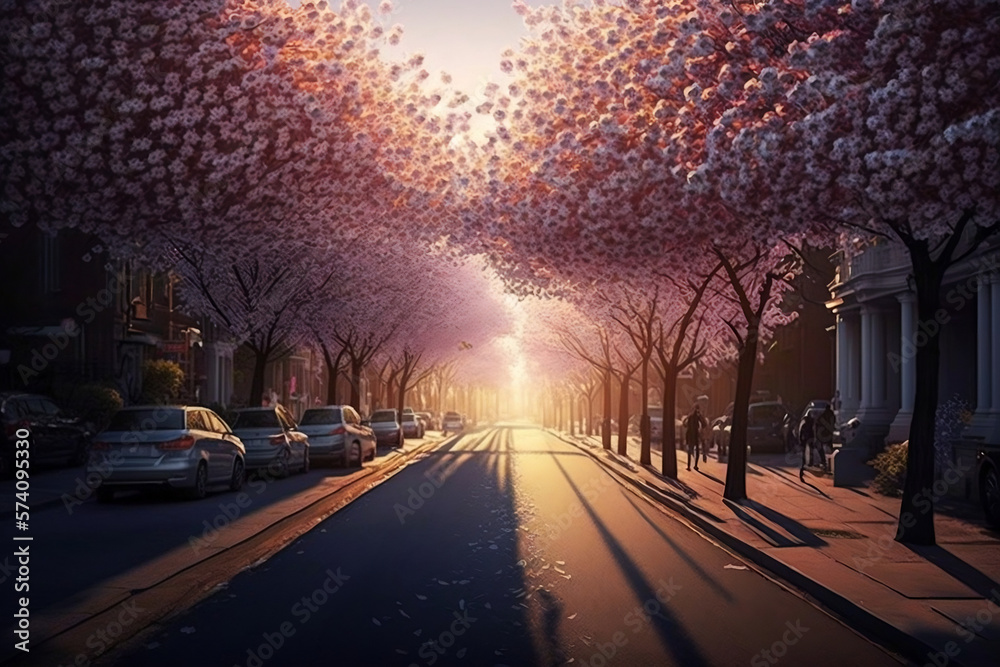 city street lined with cherry blossom trees during sunrise, sunset city street lined with cherry blossom trees during sunrise, sunset