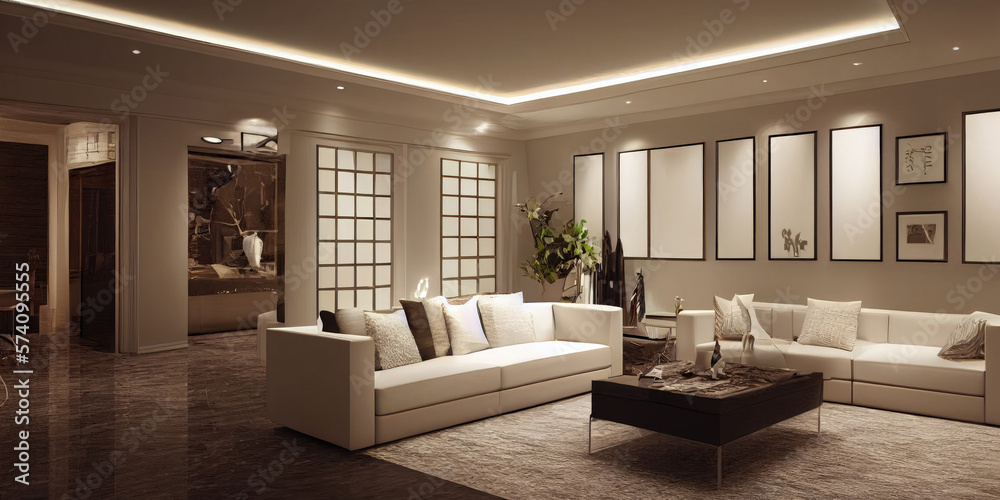 Fototapeta premium Large luxury modern elegant interiors Living room mockup. Modern style of furniture decoration. Generative AI illustration.