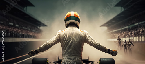 Silhouette of race car driver celebrating the win, gran prix. digital art photo