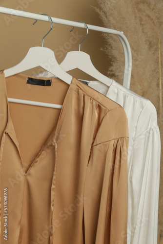 Women's Clothes. Clothes rack with stylish and elegant satin long sleeved blouses in fashion atelier. Minimalist fashion blog concept. 