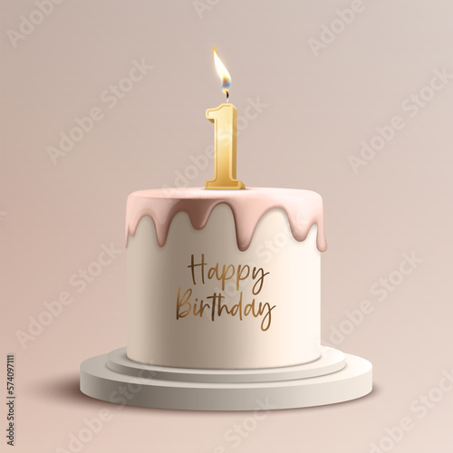 One Year. Vector Birthday Anniversary Sweet Cake. Greeting Card, Banner with 3d Realistic Burning Golden Birthday Party Candle, Number, Flame. Icon Design Template for Birthday Concept. Front View
