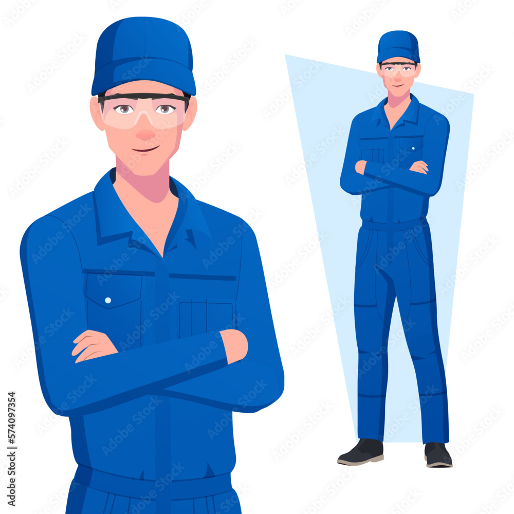 Mechanic Arms Folded In Standing Pose, Character wearing Blue Overalls with Cap