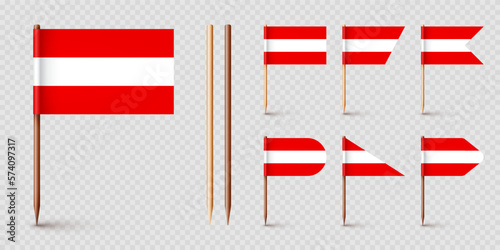 Realistic various Austrian toothpick flags. Souvenir from Austria. Wooden toothpicks with paper flag. Location mark, map pointer. Blank mockup for advertising and promotions. Vector illustration