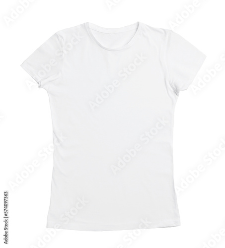 Stylish female T-shirt isolated on white, top view