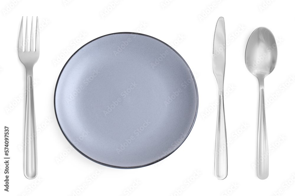 Empty grey plate with fork, knife and spoon on white background, top view