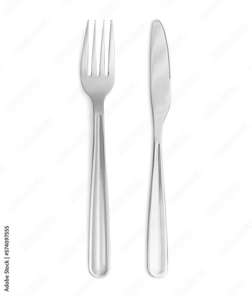 Shiny silver knife and fork on white background, top view Shiny silver knife and fork on white background, top view
