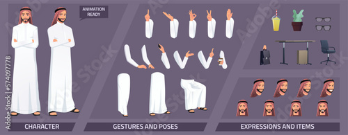 Stylized Muslim Arabic Businessman Character Constructor Pack with Expressions, Emotions, Poses and Some Office Items