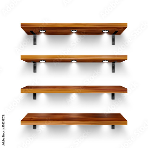 Realistic wooden store shelves with wall mount and lighting, spotlights. Empty product shelf, grocery wall rack. Mall and supermarket furniture, bookshelf. Interior design. Vector illustration