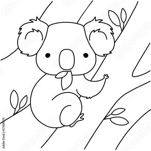 Cute koala bear eat eucalyptus leaves. Printable coloring page. Vector black and white illustration.