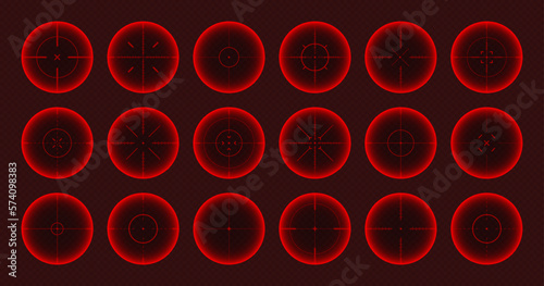 Various weapon thermal infrared sights, sniper rifle optical scopes. Hunting gun viewfinder with crosshair. Aim, shooting mark symbol. Military target sign. Game UI element. Vector illustration