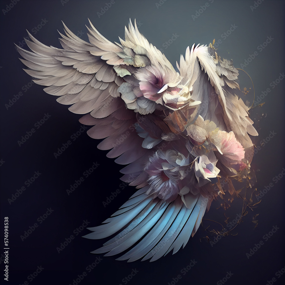 Fototapeta premium Realistic angel wings with feathers and flowers