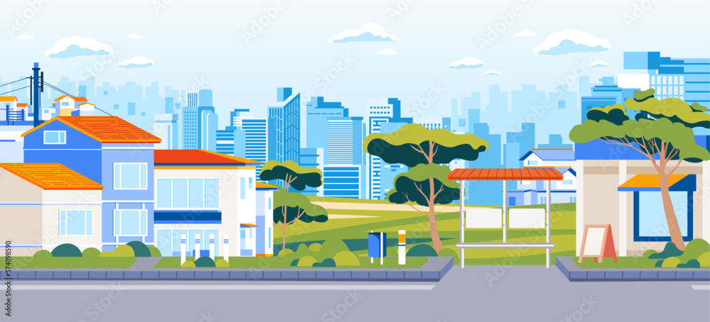Obraz premium Residential neighborhood environment on suburb of tree big modern city buildings landscape road, sidewalk, houses in urban residential district