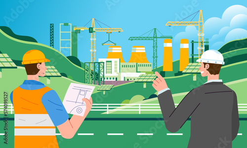 Worker construction and businessman check factory solar panel site check by field supervisor and manager vector illustration