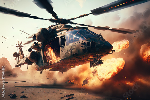 Helicopter gunship rains down missile and machine gun fire. Generative AI