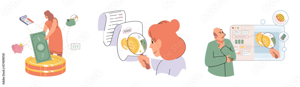 Set of people analyzing personal or corporate budget. Concept of finance accounting and calculation of financial income and expenses report. Financial consultant with document for tax computation Set of people analyzing personal or corporate budget. Concept of finance accounting and calculation of financial income and expenses report. Financial consultant with document for tax computation