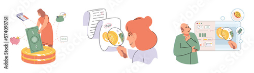 Set of people analyzing personal or corporate budget. Concept of finance accounting and calculation of financial income and expenses report. Financial consultant with document for tax computation
