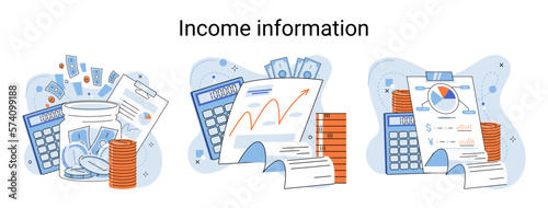 Income information vector set, business profitability indicator, entrepreneurial activity and accounting. Registration of claim form document, providing personal information, financial report for tax