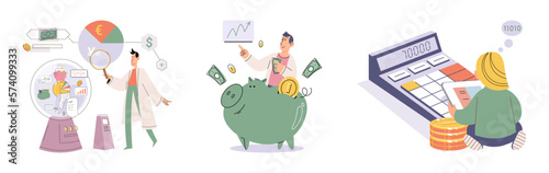 Set of people analyzing personal or corporate budget. Concept of finance accounting and calculation of financial income and expenses report. Financial consultant with document for tax computation