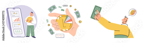 Set of people analyzing personal or corporate budget. Concept of finance accounting and calculation of financial income and expenses report. Financial consultant with document for tax computation